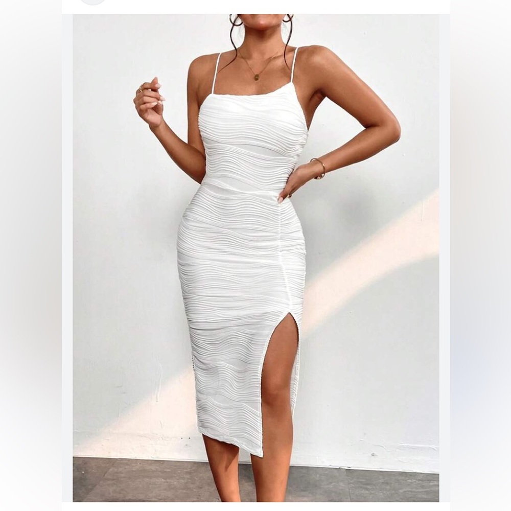 SHEIN Petite Medium White Spaghetti Strap Bodycon Textured Midi Bridal Dress